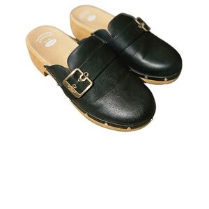 Dr Scholls Shoes Womens 10M Mule Clogs Black Faux Leather Wooden Studded Buckle